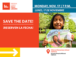 Save the Date - Monday November 17 at 7 p.m. - along with a photo of a young child holding a book