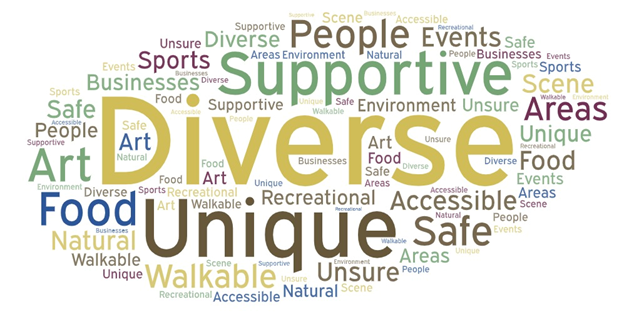 A cloud of words with the most prominent being Diverse, Unique, Supportive, People, Art, Natural, Walkable, Save, Unique