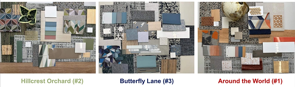 A collection of three photographs depicting décor options ranging from light brown to blue gray to warm earth tones labeled Hillcrest Orchard (#2) Butterfly Lane (#3) Around the World (#1)