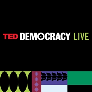 TED Democracy Live on a blackground with colorful geometric shapes on the bottom