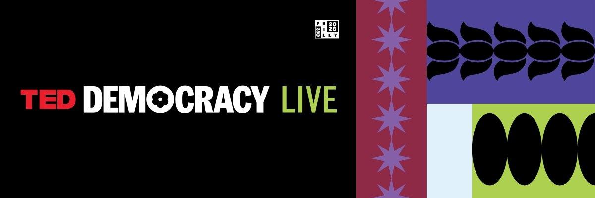 Ted Democracy Live over a black background surrounded by colorful geometric shapes