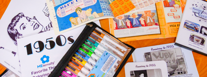 A collection of brightly colored markers and documents from the 1950s Memory Kit
