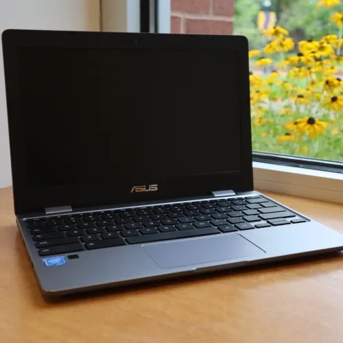 Library Donor: Chromebook in front of a window with yellow flowers