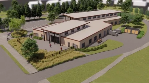 An artist's rendering of a aerial view of the West Frederick Branch Library