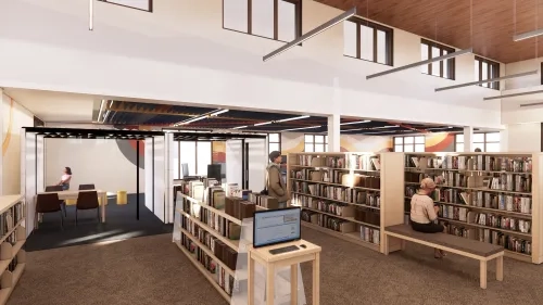 Rendering of the Interior bookstacks showcasing some of the many study rooms available